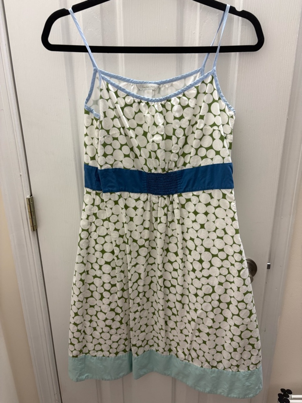 Garnet Hill White Dress with Green Polka Dots and Blue Accents